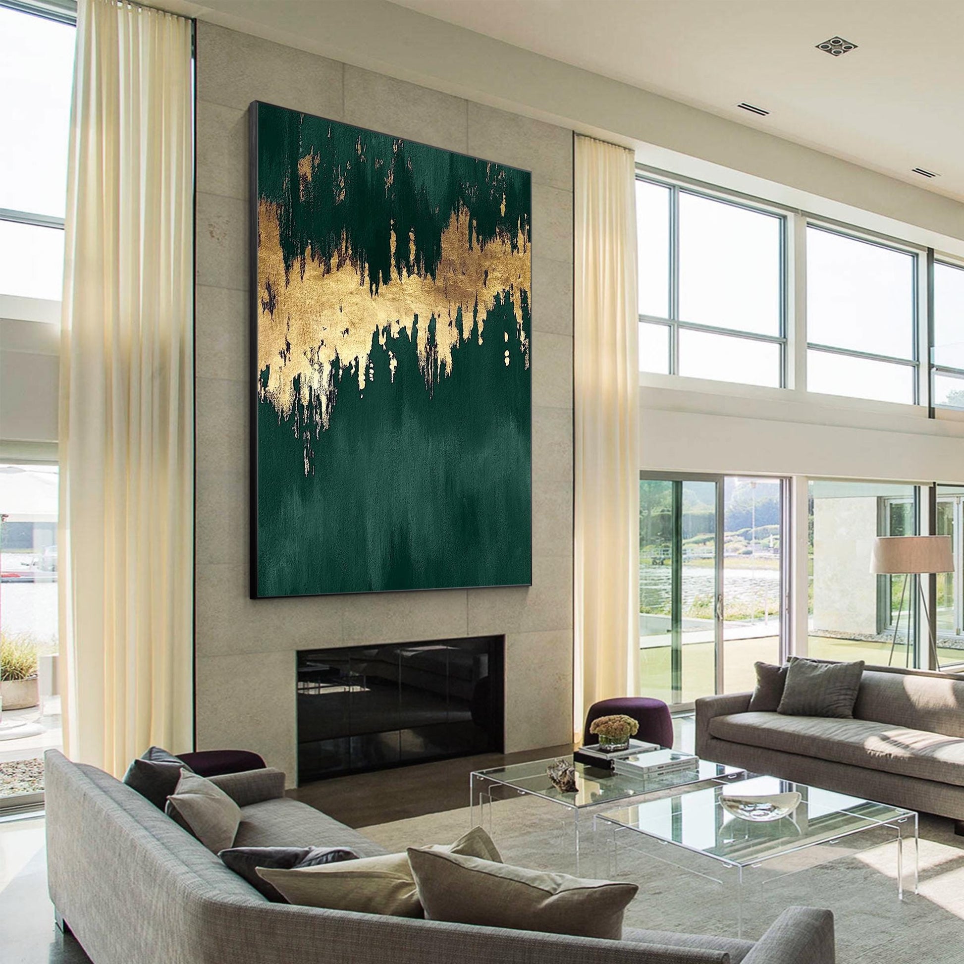 Emerald Green Gold Foil Painting: Large Abstract Canvas Wall Art #6