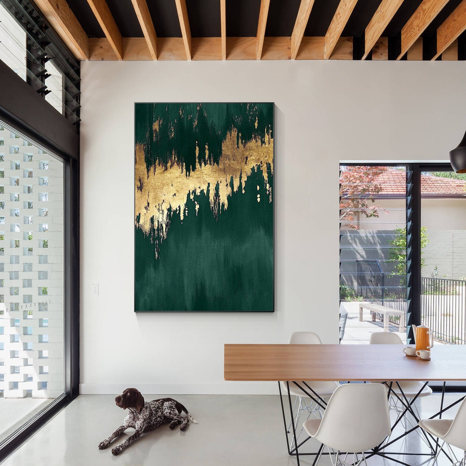 Emerald Green Gold Foil Painting: Large Abstract Canvas Wall Art #1