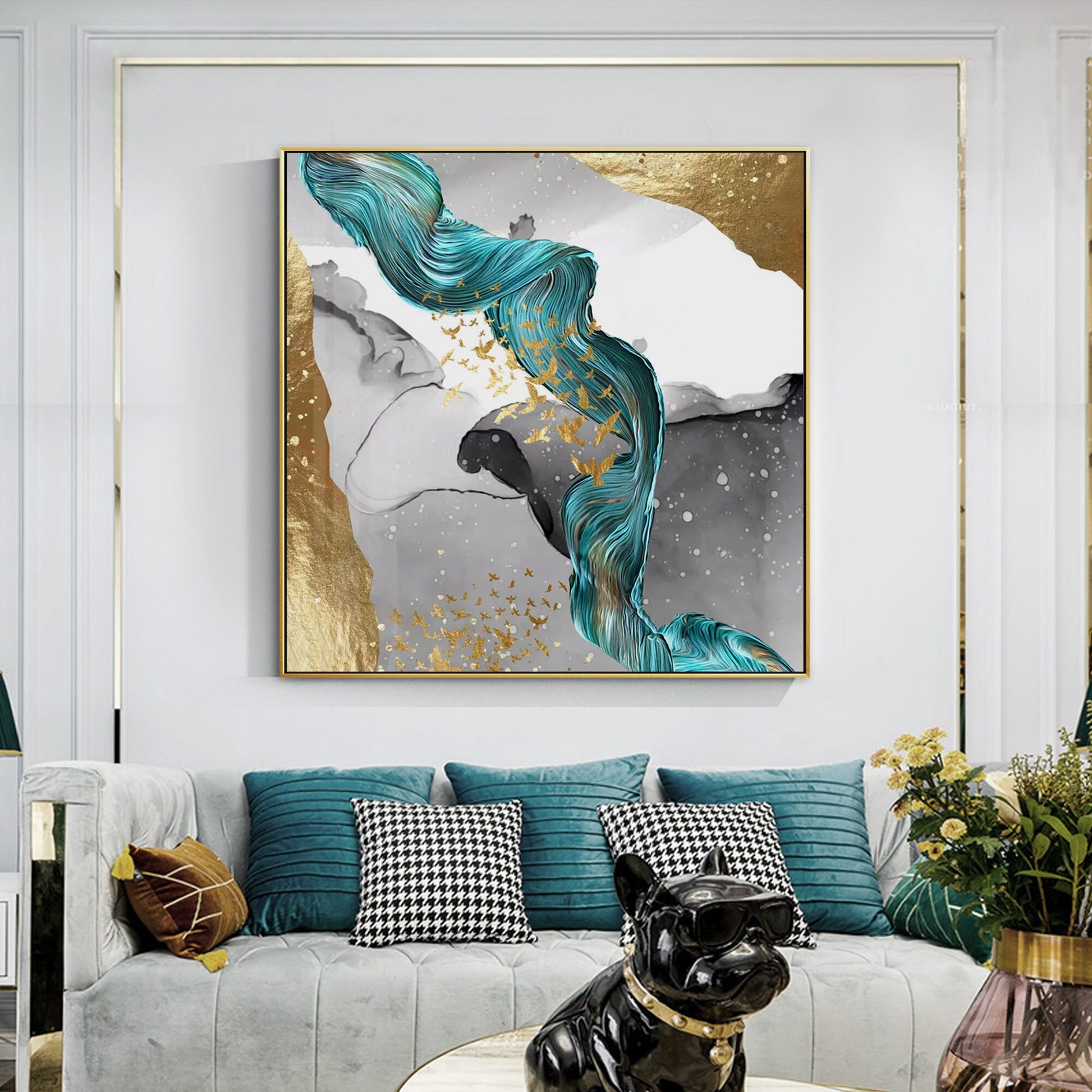 Emerald Green Gold Foil Ribbon Abstract Original Painting On Canvas, Livingroom  #2