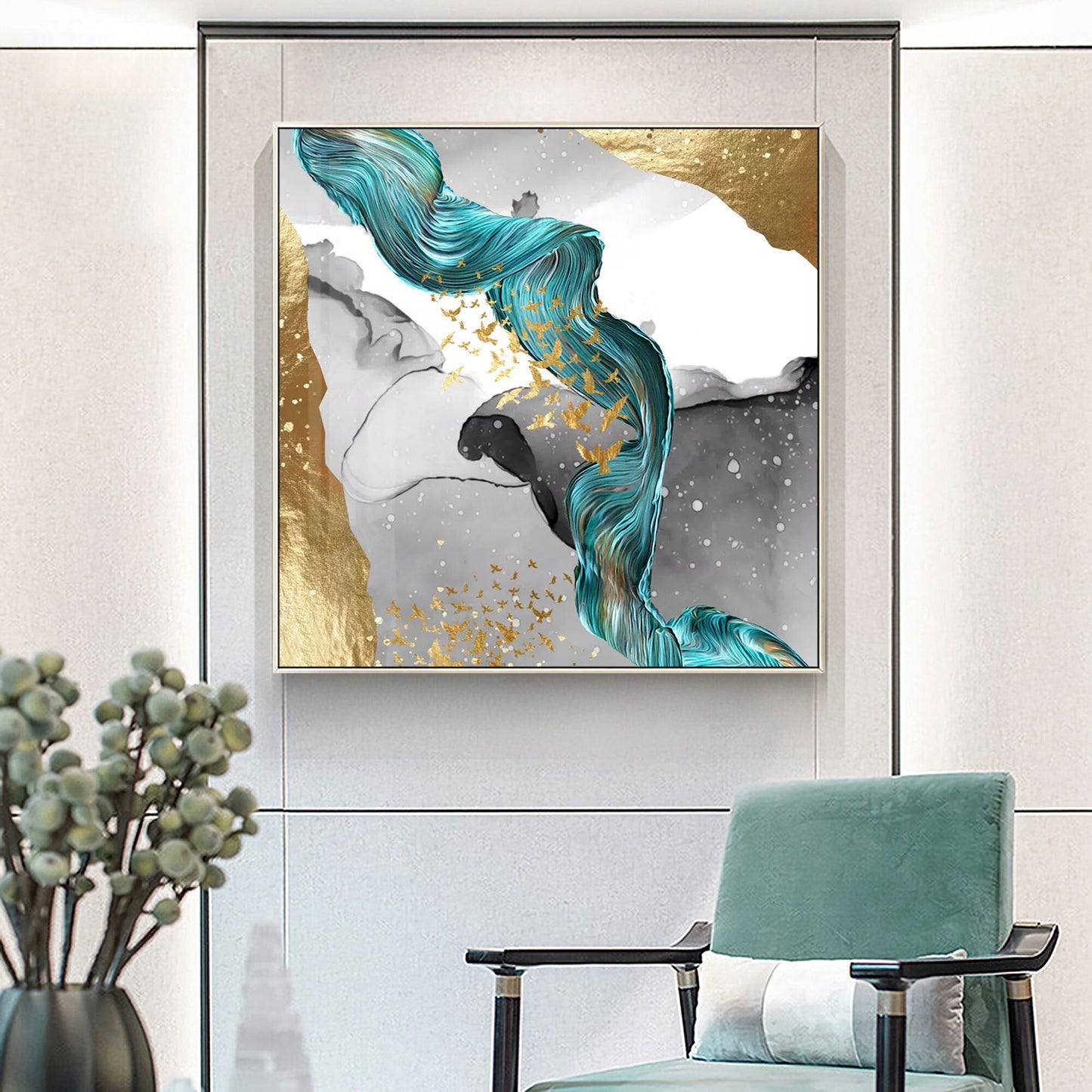 Emerald Green Gold Foil Ribbon Abstract Original Painting On Canvas, Livingroom  #3