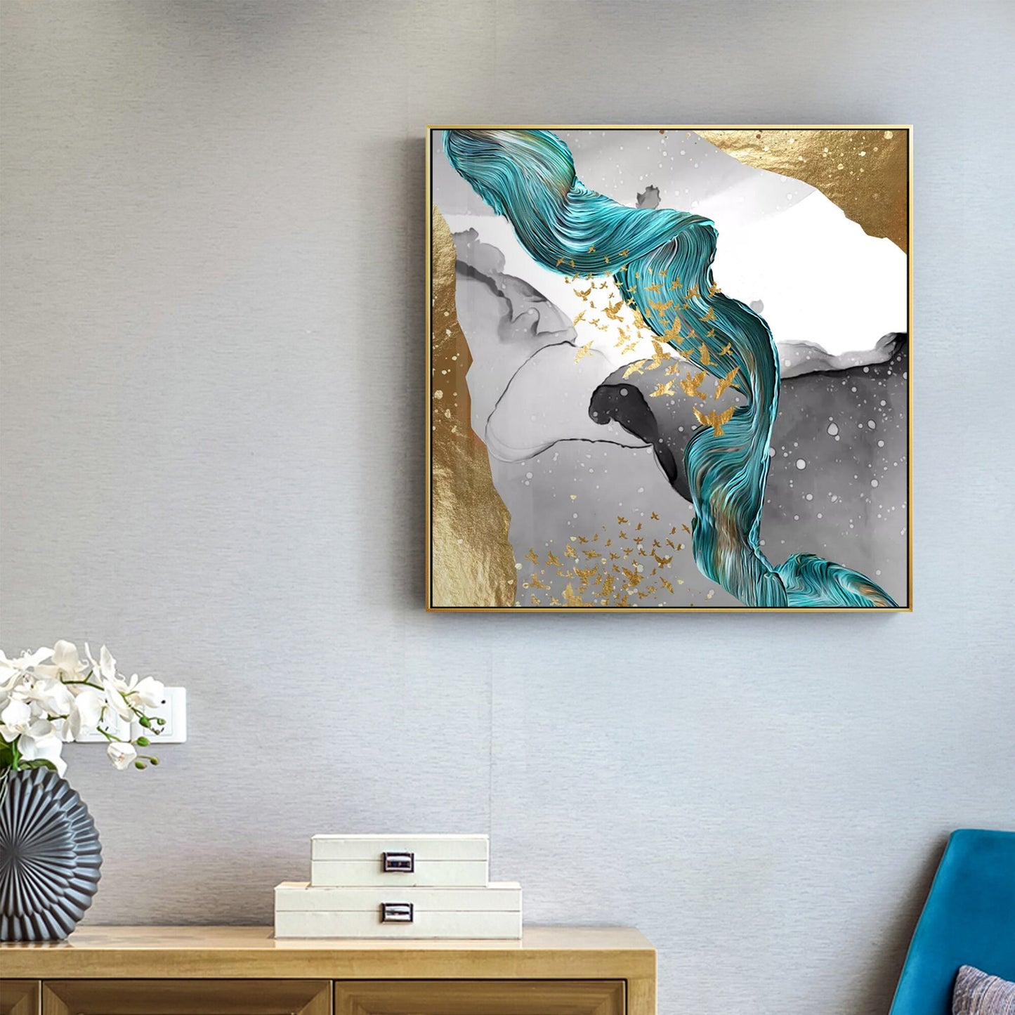 Emerald Green Gold Foil Ribbon Abstract Original Painting On Canvas, Livingroom  #4