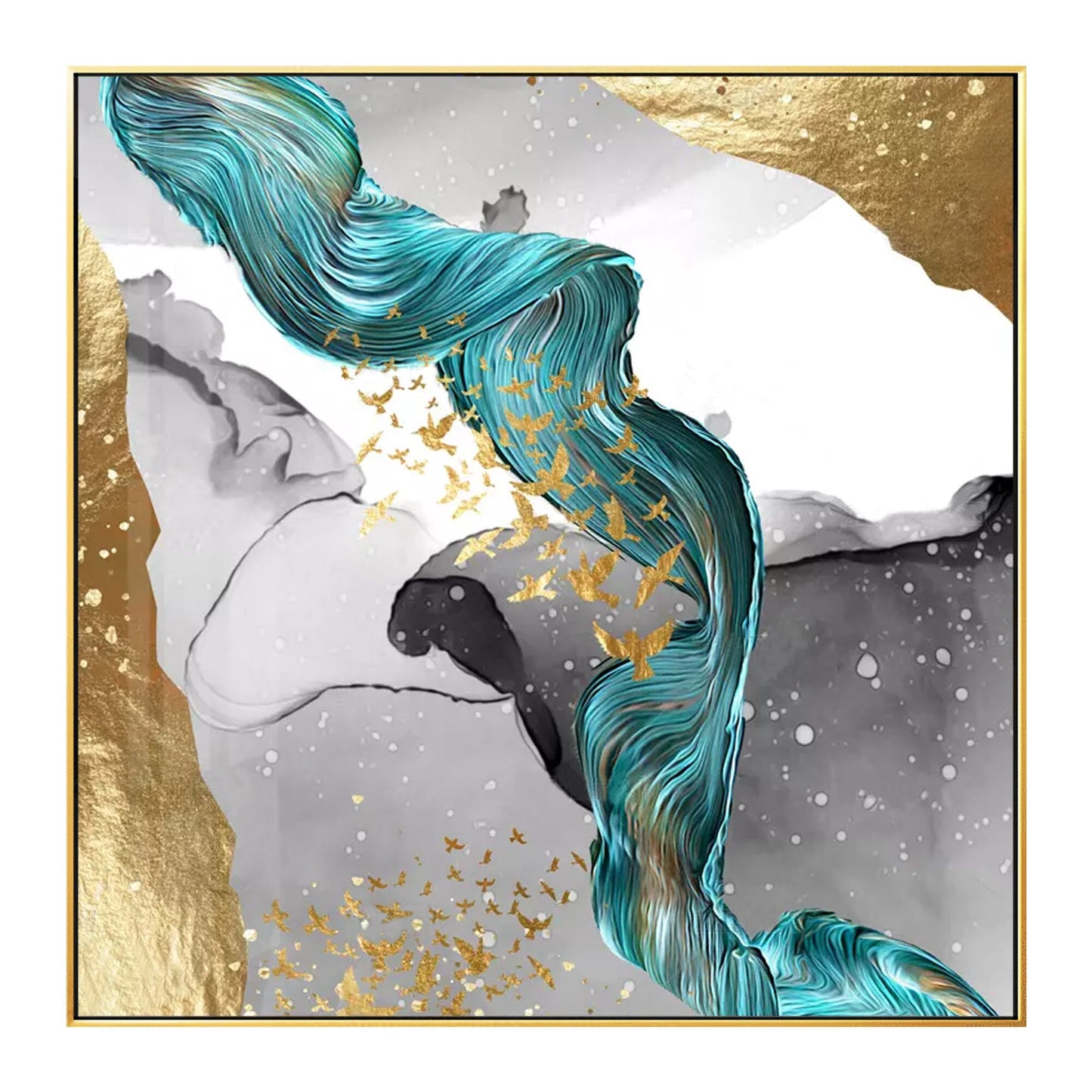 Emerald Green Gold Foil Ribbon Abstract Original Painting On Canvas, Livingroom  #6