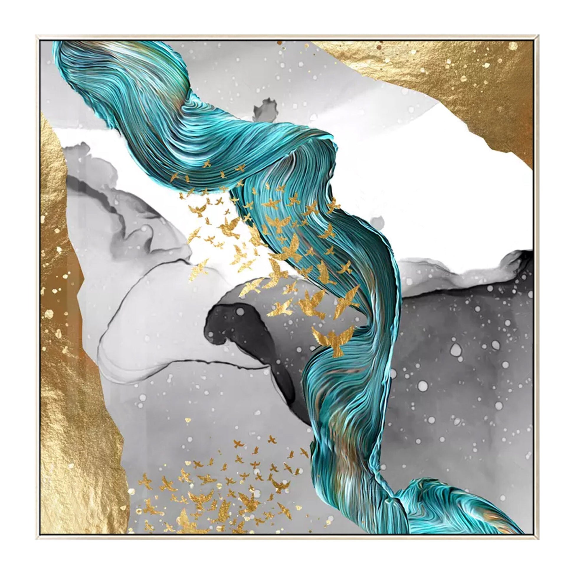 Emerald Green Gold Foil Ribbon Abstract Original Painting On Canvas, Livingroom  #7