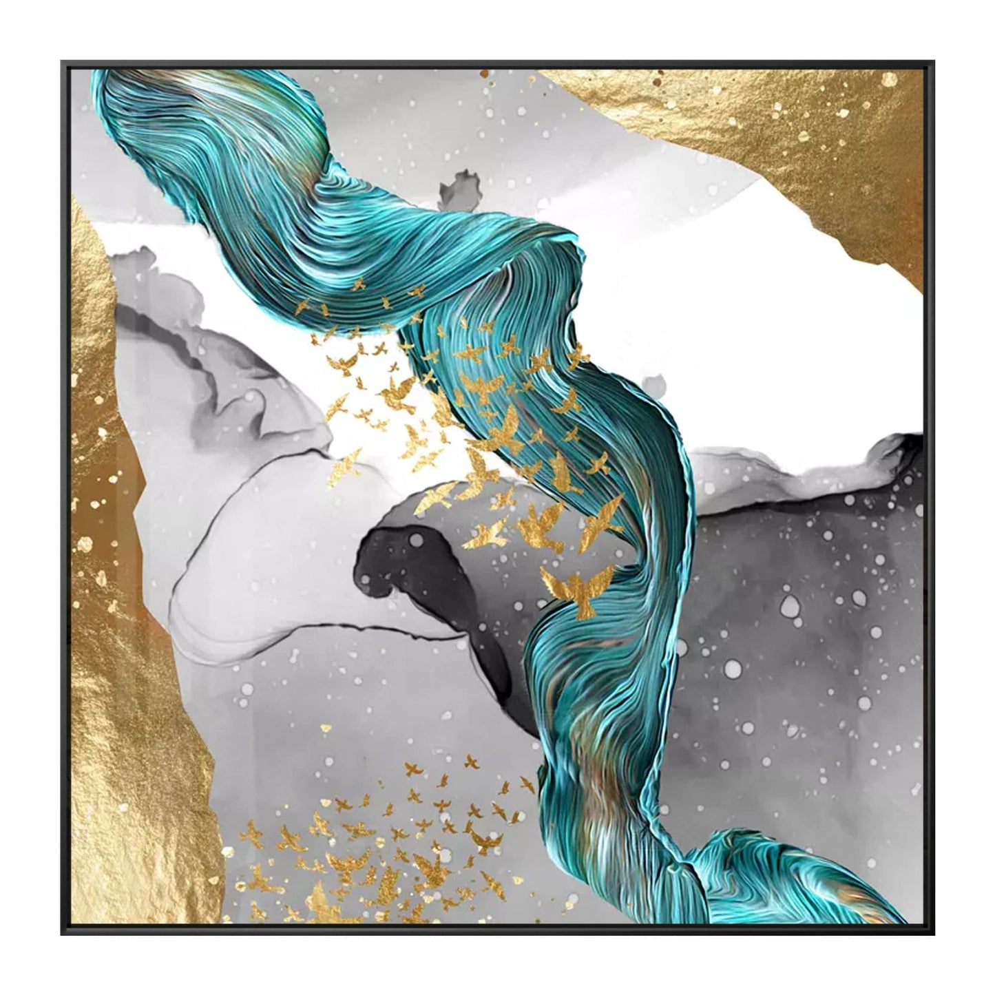 Emerald Green Gold Foil Ribbon Abstract Original Painting On Canvas, Livingroom  #8