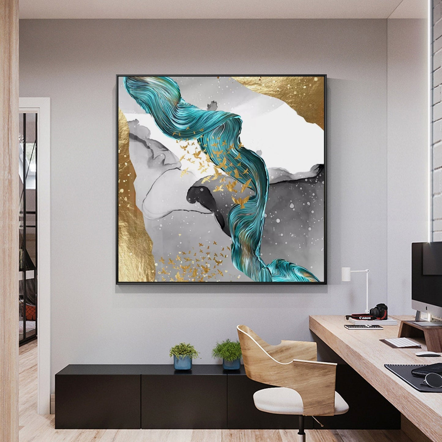 Emerald Green Gold Foil Ribbon Abstract Original Painting On Canvas, Livingroom  #1