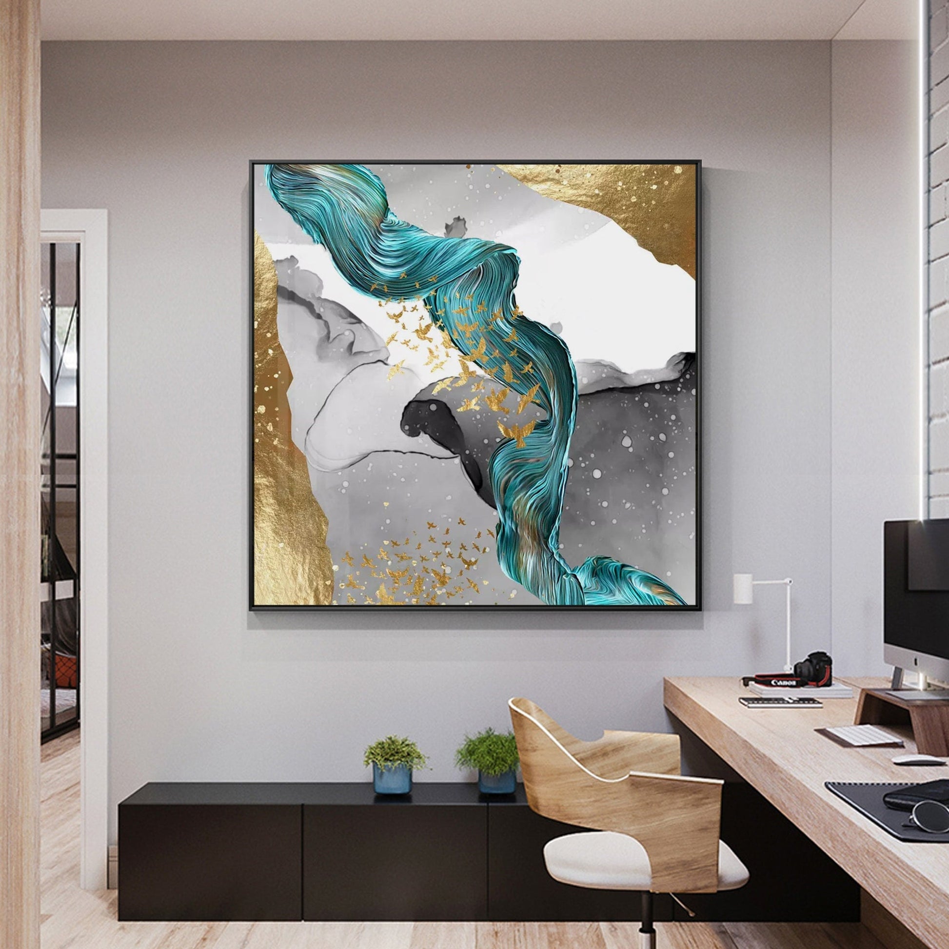 Emerald Green Gold Foil Ribbon Abstract Original Painting On Canvas, Livingroom  #1