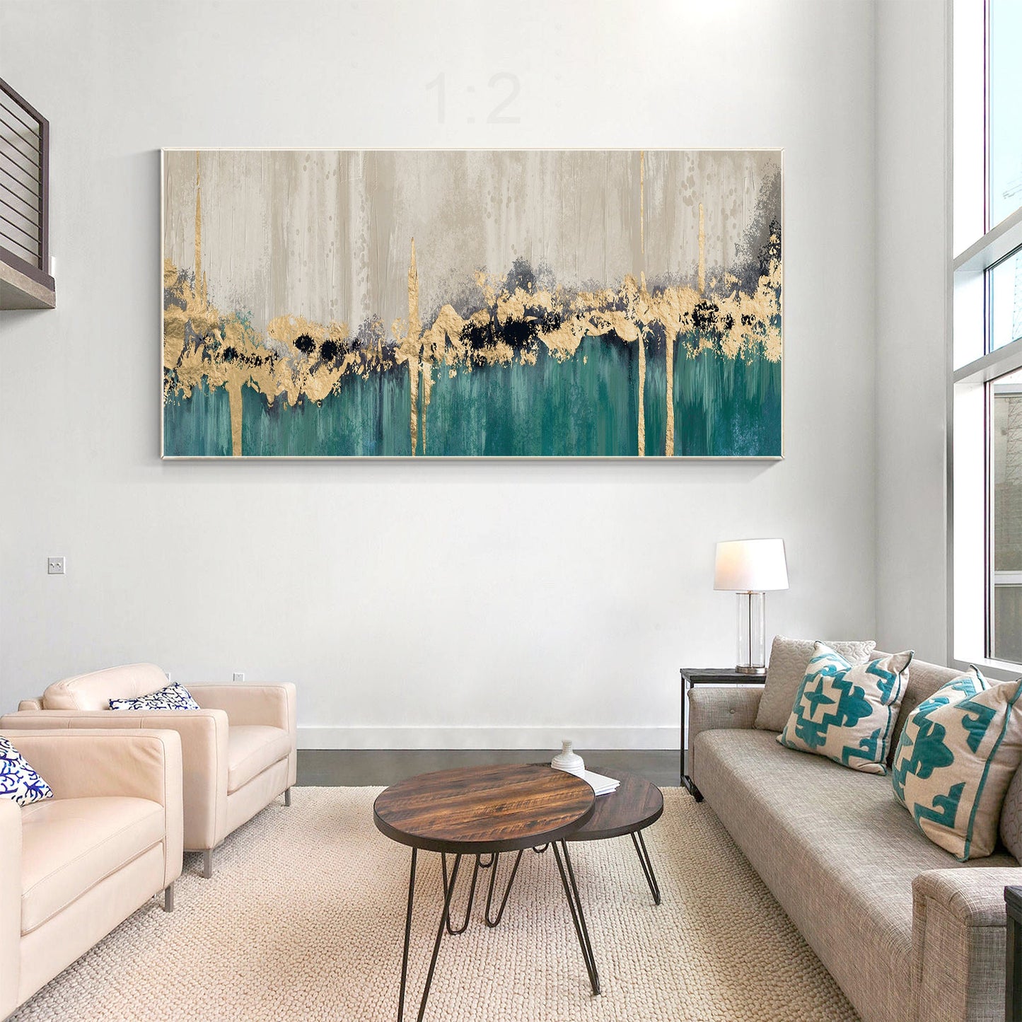 Emerald Green Gold Leaf Abstract Original Painting on Canvas, Livingroom Bedroom #2