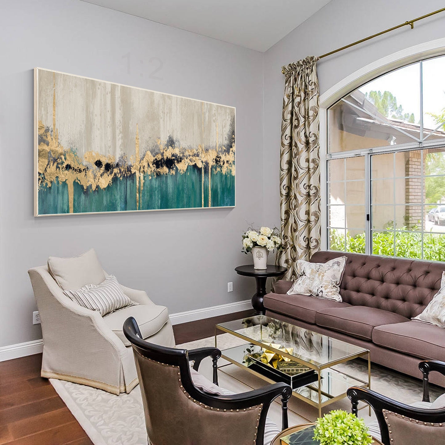 Emerald Green Gold Leaf Abstract Original Painting on Canvas, Livingroom Bedroom #5