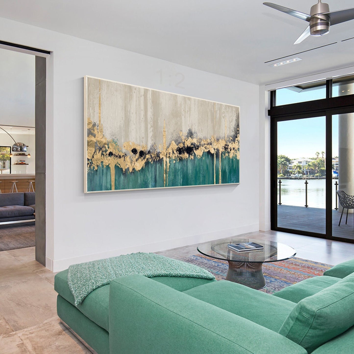 Emerald Green Gold Leaf Abstract Original Painting on Canvas, Livingroom Bedroom #1