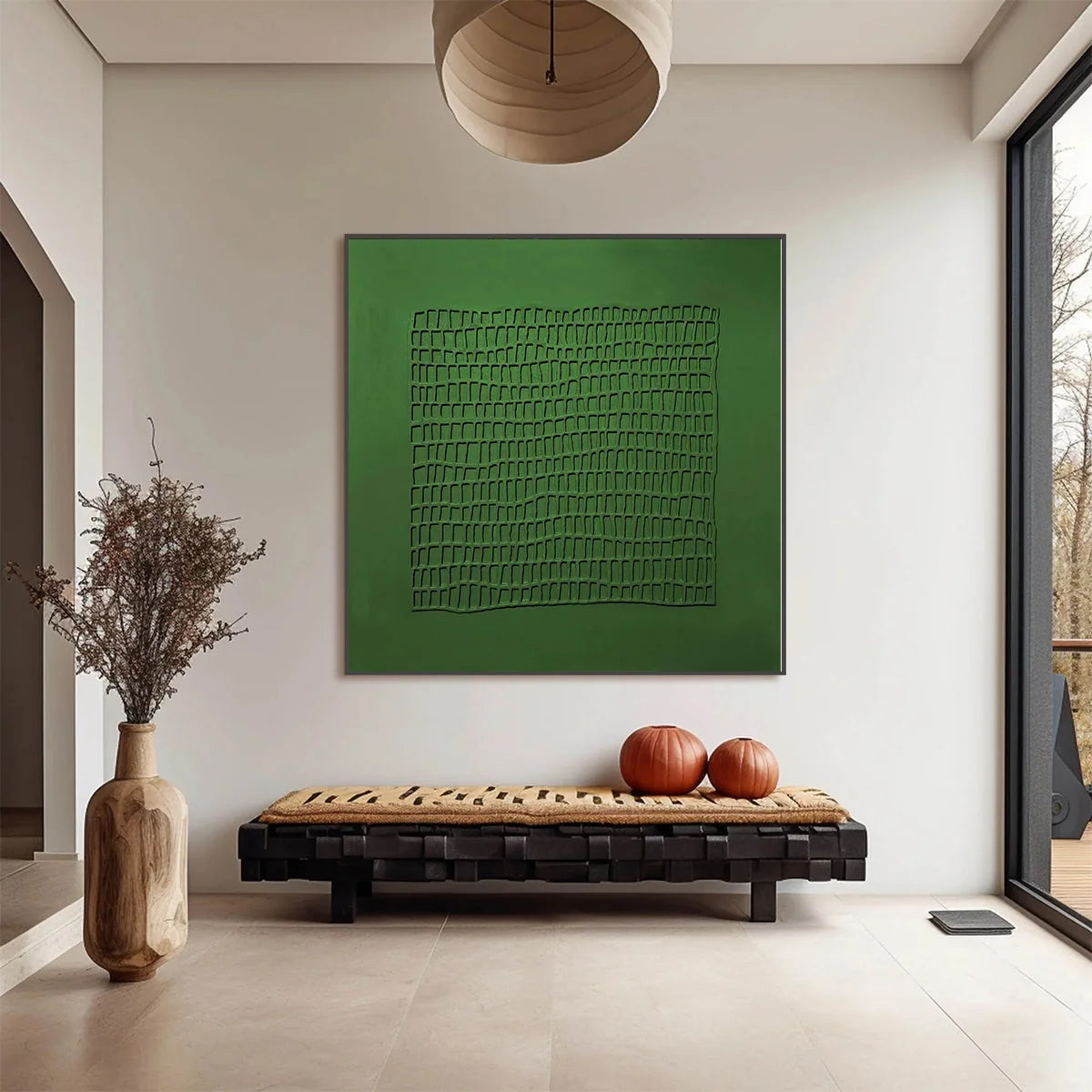EMERALD GRID: Minimalist Textured Abstract Oil Painting | Minimalist closeup, raised brushwork detail