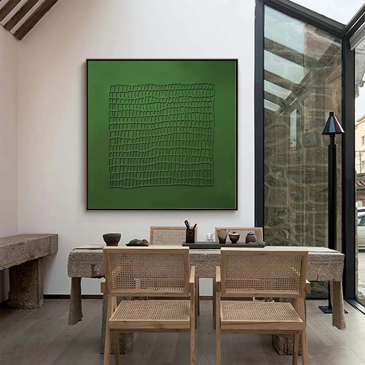 EMERALD GRID: Minimalist Textured Abstract Oil Painting | gold frame stretched on neutral wall