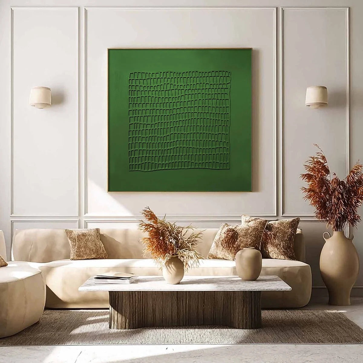 EMERALD GRID: Minimalist Textured Abstract Oil Painting | black frame version on white wall