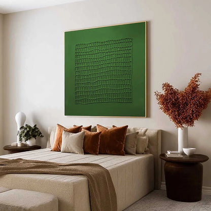 EMERALD GRID: Minimalist Textured Abstract Oil Painting | Minimalist mood, soft natural light studio shot