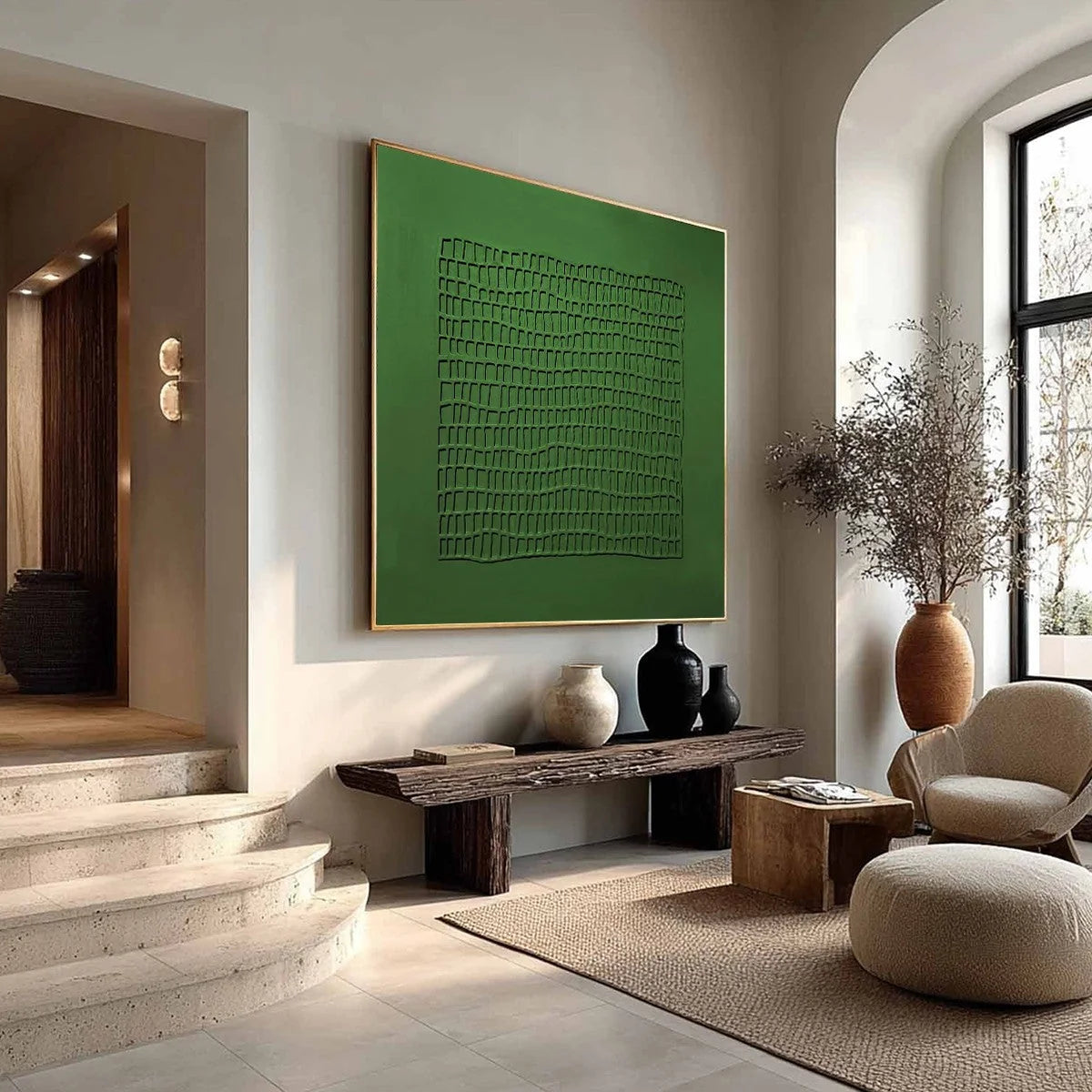 EMERALD GRID: Minimalist Textured Abstract Oil Painting | green palette, original Hand-painted on premium stretched canvas using artist-grade oils; rich layered surface combines smooth gradients wi...