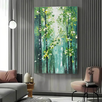 EMERALD GROVE: Forest Trees Nature Oil Painting | Abstract closeup, raised brushwork detail