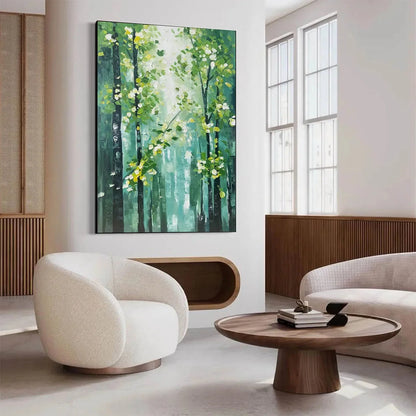 EMERALD GROVE: Forest Trees Nature Oil Painting | gold frame stretched on neutral wall