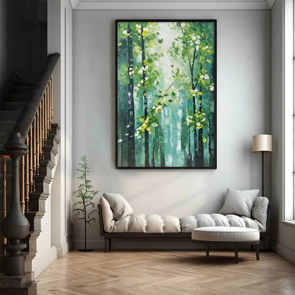EMERALD GROVE: Forest Trees Nature Oil Painting | black frame version on white wall