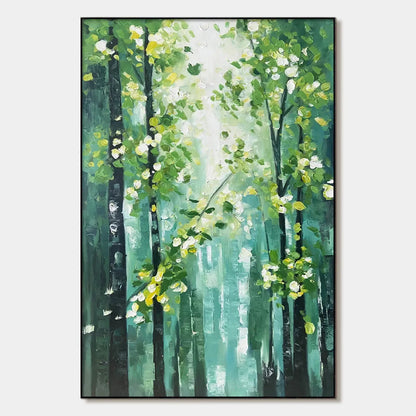 EMERALD GROVE: Forest Trees Nature Oil Painting | hanging in EMERALD GROVE: Forest Trees Nature Oil Painting featuring layered textured brushwork in refined tones; abstract composition with rich pa...