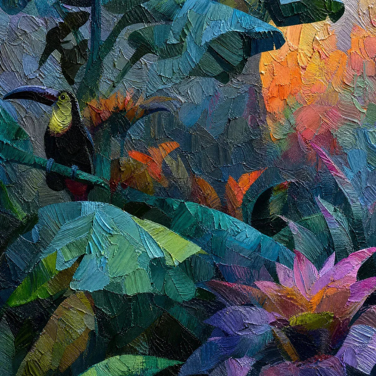 EMERALD HIDEAWAY Impasto Jungle Painting | square 20x20 inch format, hand-painted canvas edge