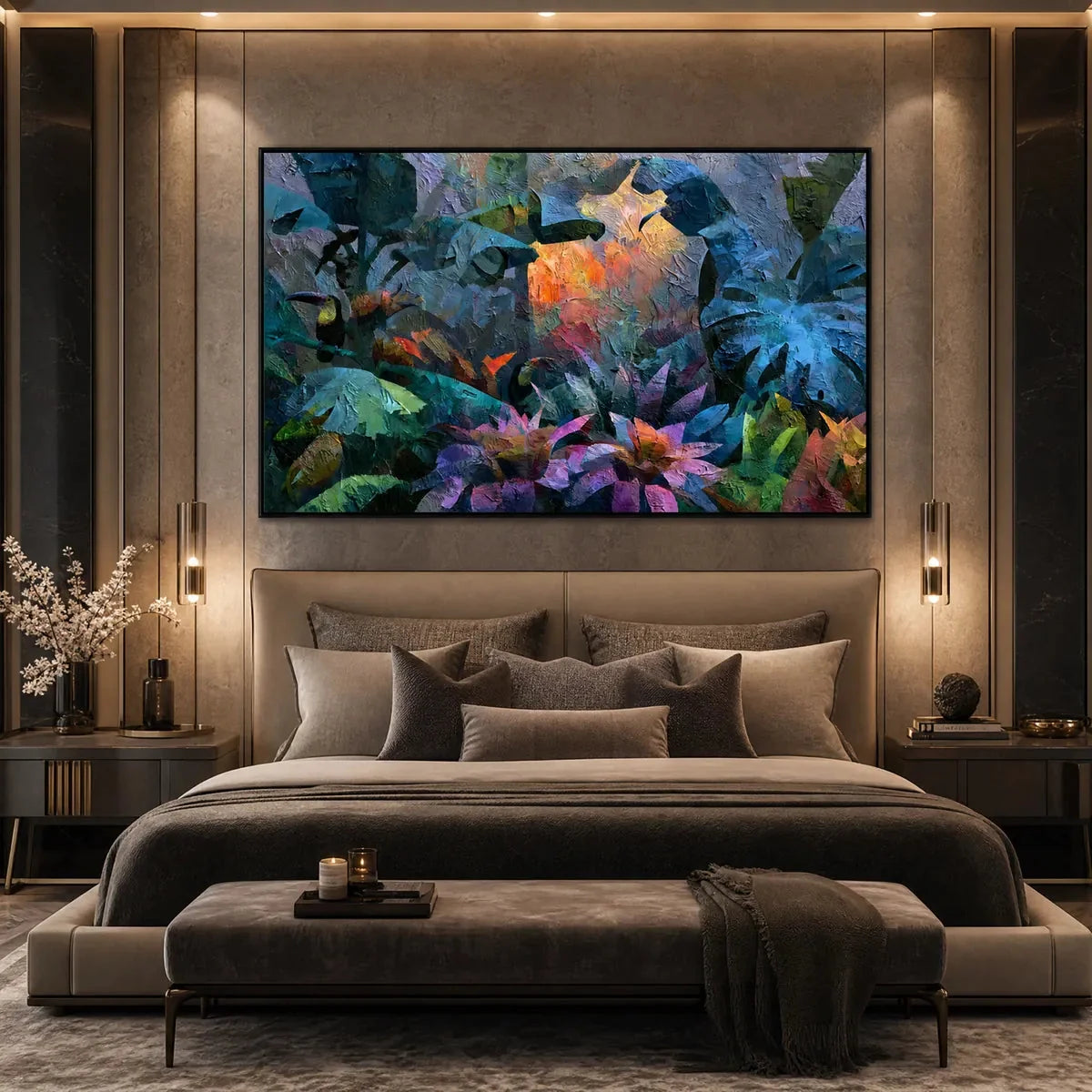 EMERALD HIDEAWAY Impasto Jungle Painting | gold frame stretched on neutral wall