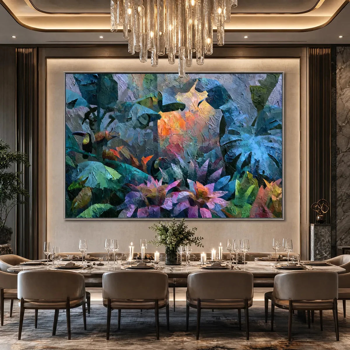 EMERALD HIDEAWAY Impasto Jungle Painting | black frame version on white wall