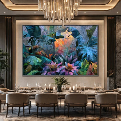EMERALD HIDEAWAY Impasto Jungle Painting | black frame version on white wall