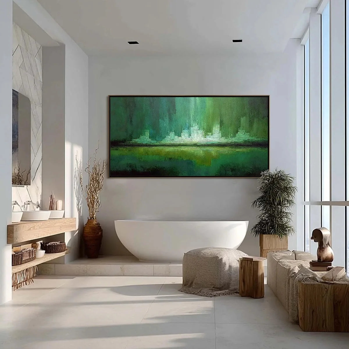 EMERALD HORIZON | gold frame stretched on neutral wall