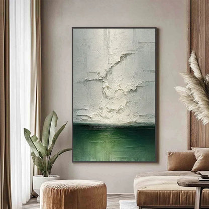 EMERALD HORIZON: Heavily Textured Wabi Sabi Abstract Seascape Painting | Abstract closeup, raised brushwork detail