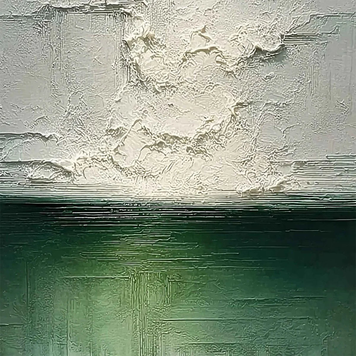 EMERALD HORIZON: Heavily Textured Wabi Sabi Abstract Seascape Painting | rectangular format, hand-painted canvas edge