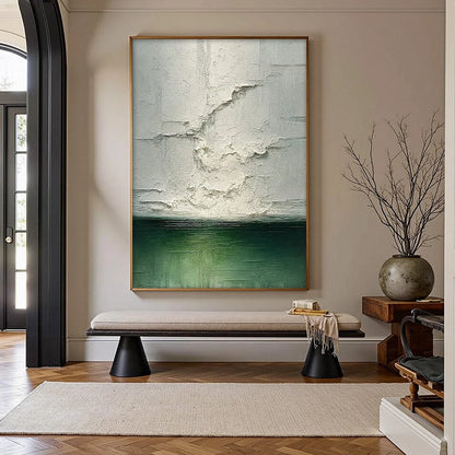 EMERALD HORIZON: Heavily Textured Wabi Sabi Abstract Seascape Painting | gold frame stretched on neutral wall