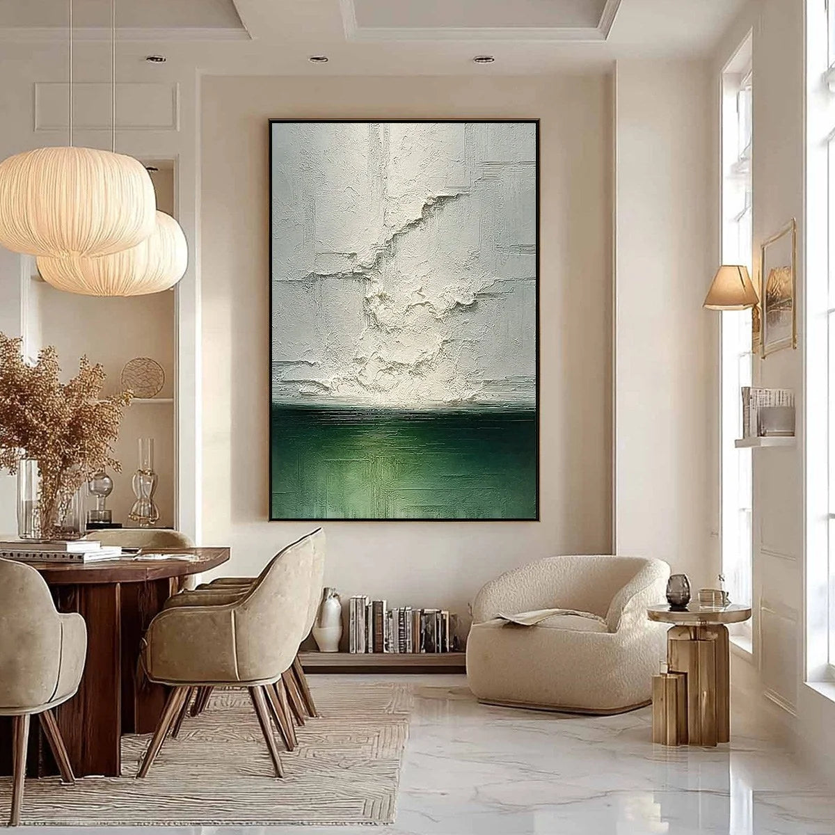 EMERALD HORIZON: Heavily Textured Wabi Sabi Abstract Seascape Painting | black frame version on white wall