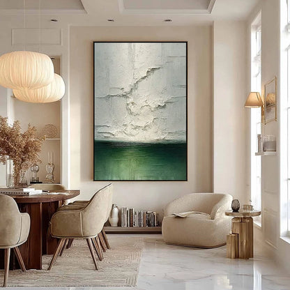 EMERALD HORIZON: Heavily Textured Wabi Sabi Abstract Seascape Painting | black frame version on white wall