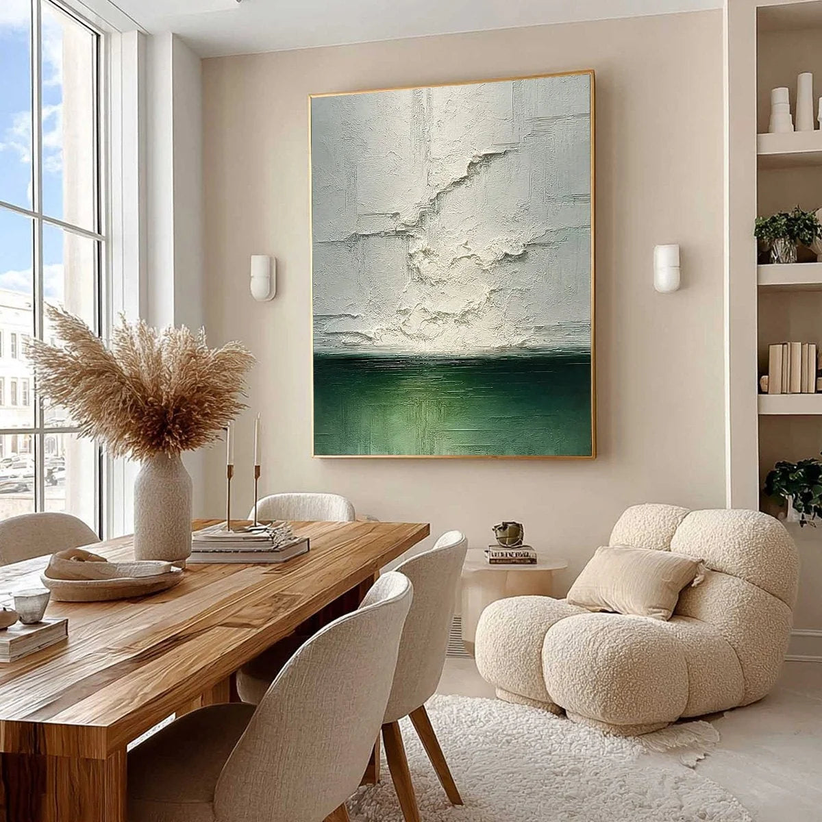 EMERALD HORIZON: Heavily Textured Wabi Sabi Abstract Seascape Painting | Abstract mood, soft natural light studio shot