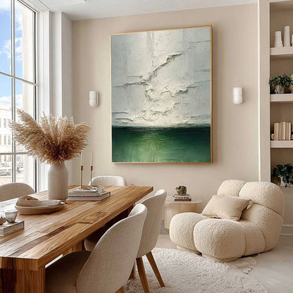 EMERALD HORIZON: Heavily Textured Wabi Sabi Abstract Seascape Painting | Abstract mood, soft natural light studio shot