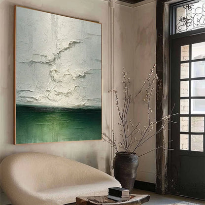 EMERALD HORIZON: Heavily Textured Wabi Sabi Abstract Seascape Painting | green palette, original Hand-painted on premium stretched canvas using artist-grade oils; rich layered surface combines smoo...