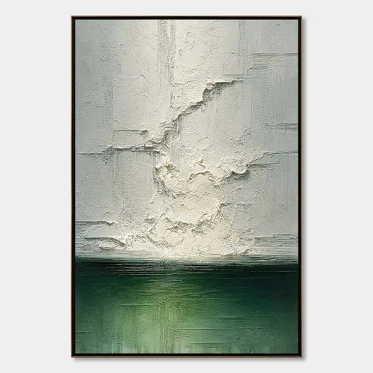 EMERALD HORIZON: Heavily Textured Wabi Sabi Abstract Seascape Painting | hanging in EMERALD HORIZON: Heavily Textured Wabi Sabi Abstract Seascape Painting featuring layered textured brushwork in re...