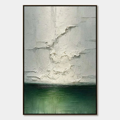 EMERALD HORIZON: Heavily Textured Wabi Sabi Abstract Seascape Painting | hanging in EMERALD HORIZON: Heavily Textured Wabi Sabi Abstract Seascape Painting featuring layered textured brushwork in re...
