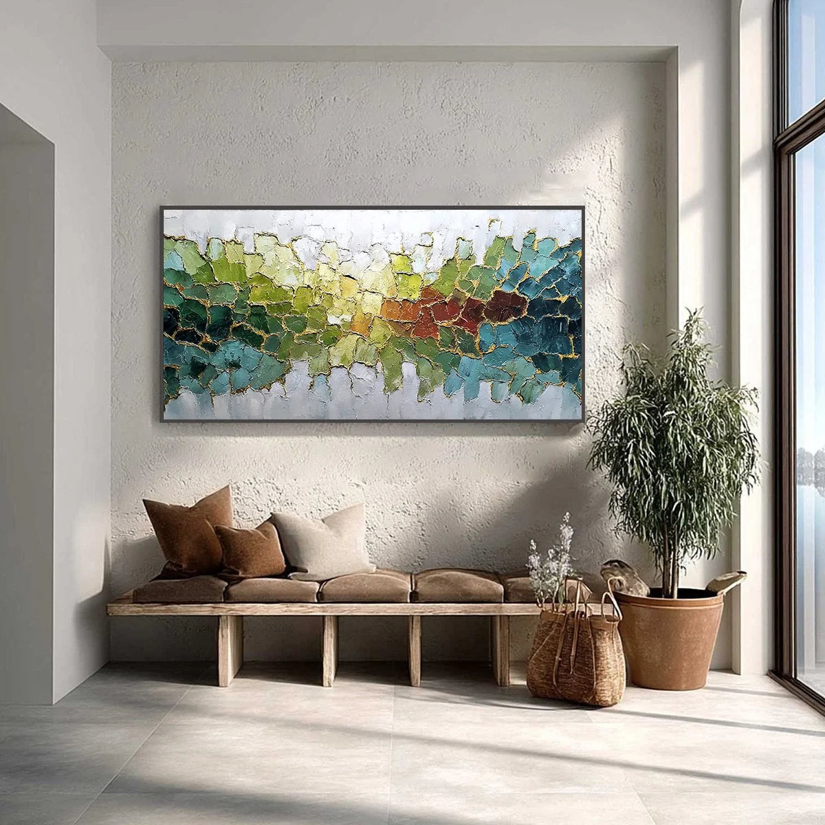 EMERALD HORIZON: Large Textured Abstract Landscape Painting with Gold Accents | Abstract closeup, raised brushwork detail