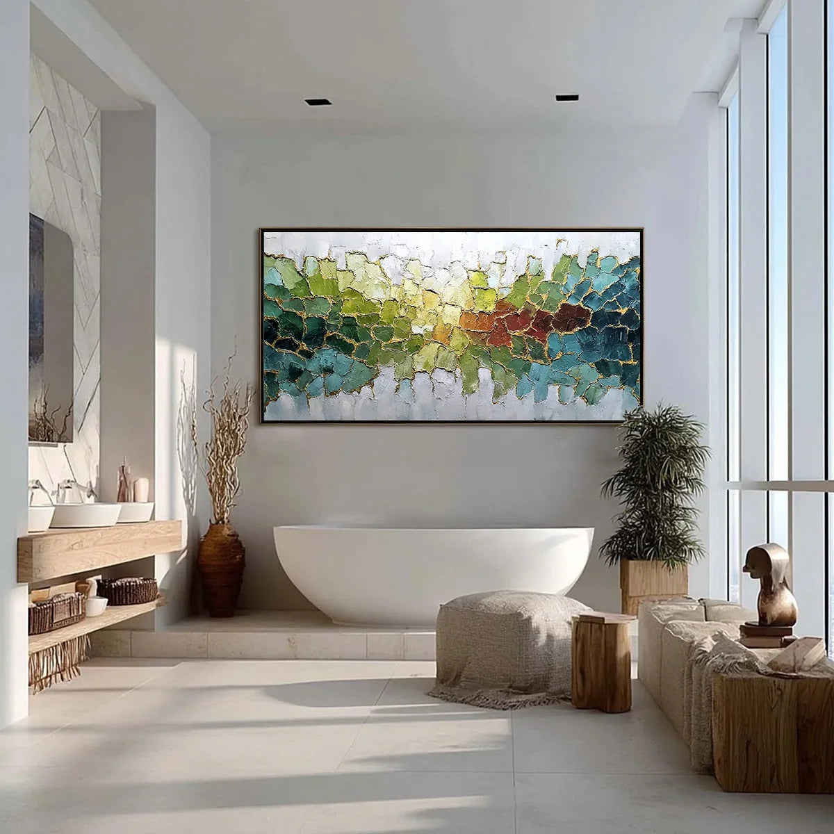 EMERALD HORIZON: Large Textured Abstract Landscape Painting with Gold Accents | gold frame stretched on neutral wall