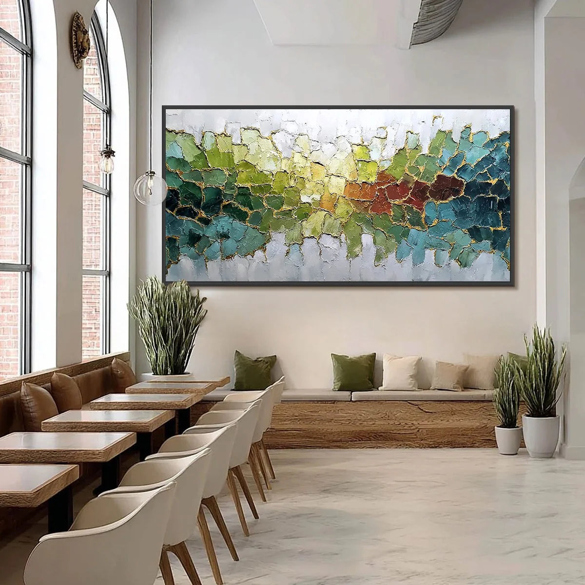 EMERALD HORIZON: Large Textured Abstract Landscape Painting with Gold Accents | black frame version on white wall
