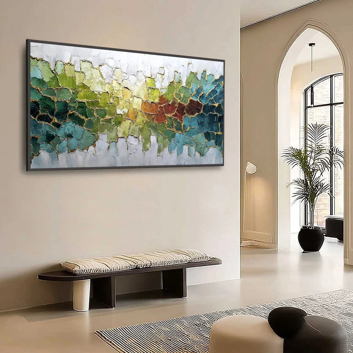 EMERALD HORIZON: Large Textured Abstract Landscape Painting with Gold Accents | Abstract mood, soft natural light studio shot