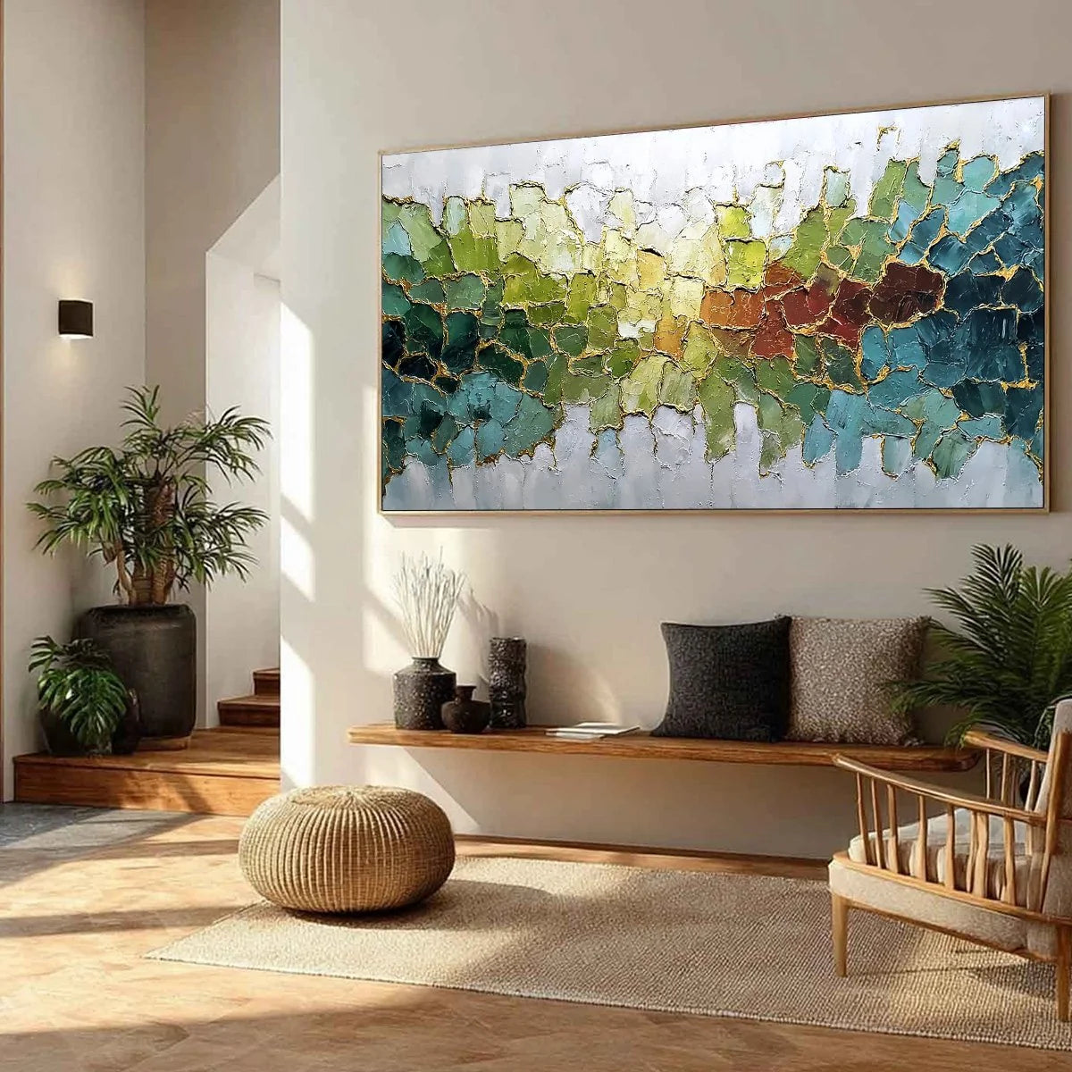 EMERALD HORIZON: Large Textured Abstract Landscape Painting with Gold Accents | green palette, original Hand-painted on premium stretched canvas using artist-grade oils; rich layered surface combin...