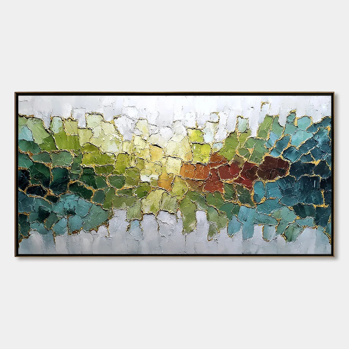 EMERALD HORIZON: Large Textured Abstract Landscape Painting with Gold Accents | hanging in EMERALD HORIZON: Large Textured Abstract Landscape Painting with Gold Accents featuring layered textured b...
