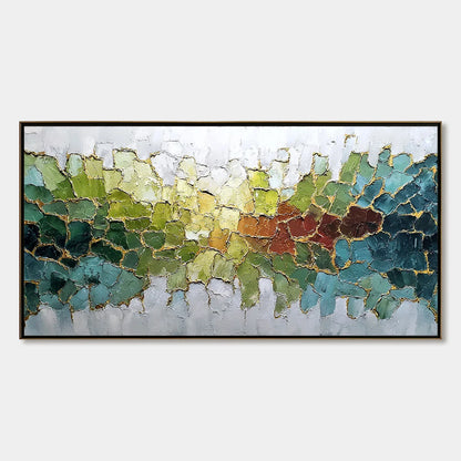 EMERALD HORIZON: Large Textured Abstract Landscape Painting with Gold Accents | hanging in EMERALD HORIZON: Large Textured Abstract Landscape Painting with Gold Accents featuring layered textured b...