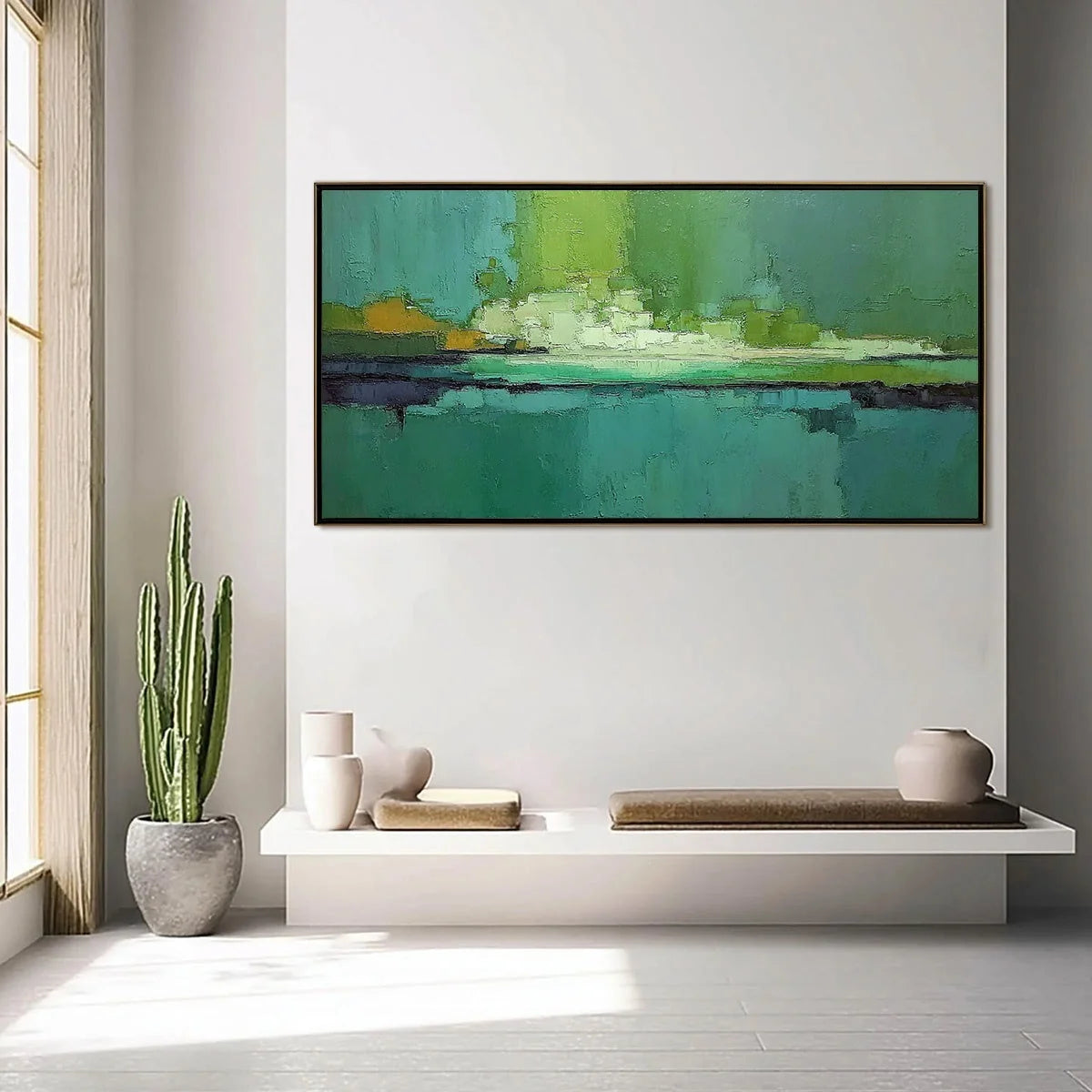 EMERALD HORIZON: Large Textured Abstract Seascape Oil Painting | gold frame stretched on neutral wall