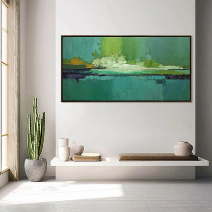 EMERALD HORIZON: Large Textured Abstract Seascape Oil Painting | gold frame stretched on neutral wall