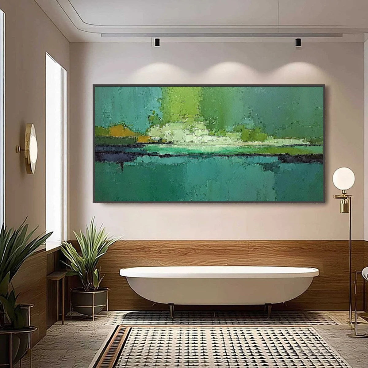 EMERALD HORIZON: Large Textured Abstract Seascape Oil Painting | black frame version on white wall