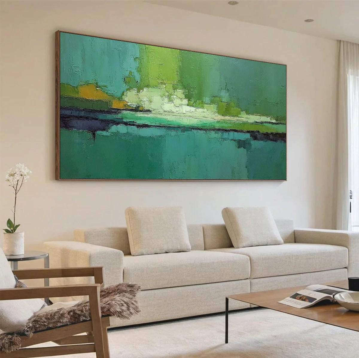 EMERALD HORIZON: Large Textured Abstract Seascape Oil Painting | Abstract mood, soft natural light studio shot