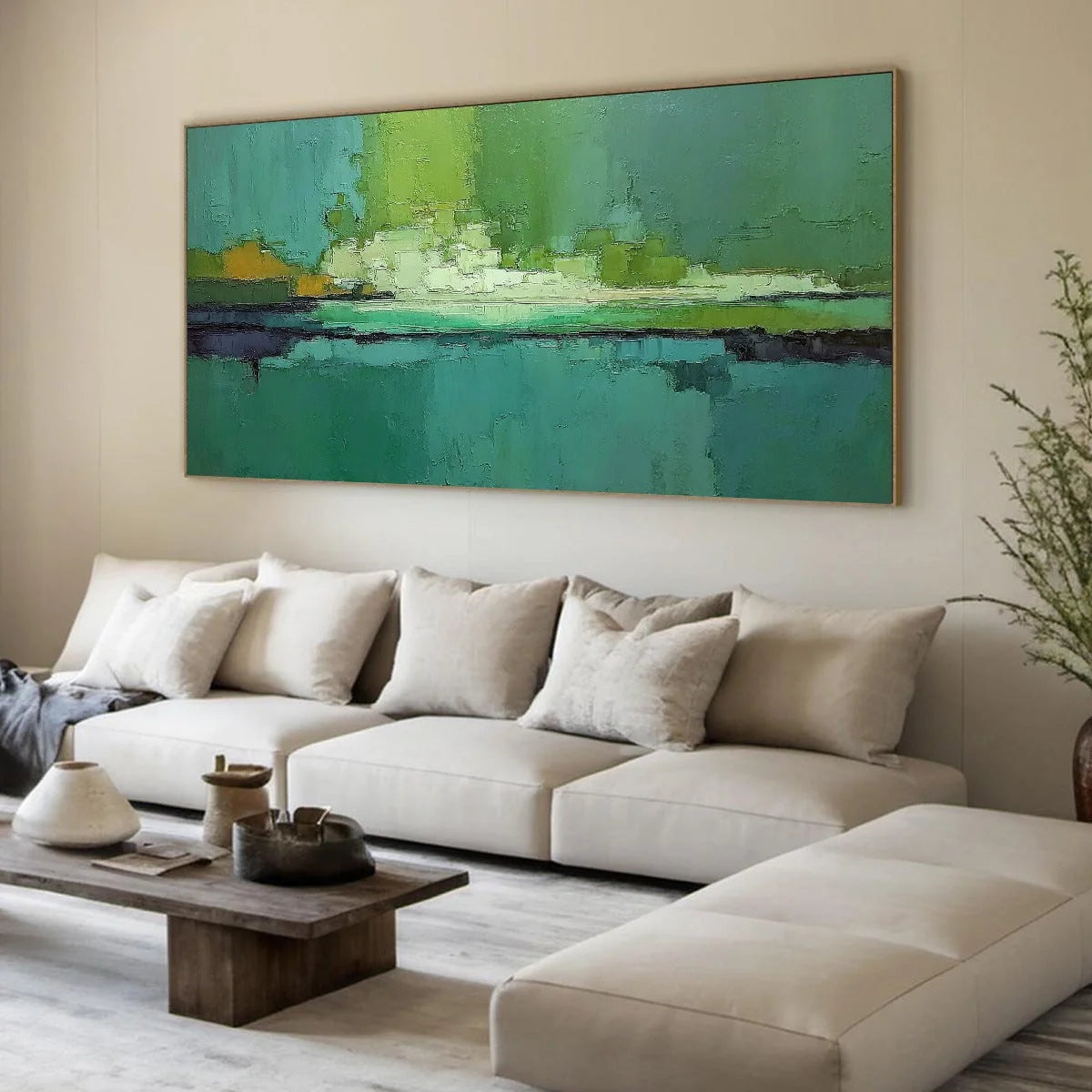 EMERALD HORIZON: Large Textured Abstract Seascape Oil Painting | green palette, original Hand-painted on premium stretched canvas using artist-grade oils; rich layered surface combines smooth gradi...