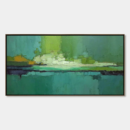 EMERALD HORIZON: Large Textured Abstract Seascape Oil Painting | hanging in EMERALD HORIZON: Large Textured Abstract Seascape Oil Painting featuring layered textured brushwork in refined tones; abs...